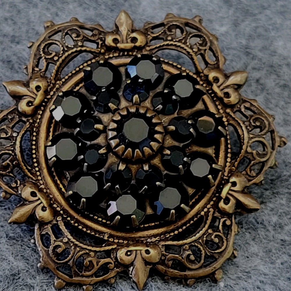 Signed Liz Palacios SF Victorian Revival Black Swarovski Crystal Brooch 31mm